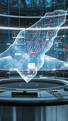 Command Console Powering Holographic City Map Projecting Pulsing Red Nodes in Control Hub