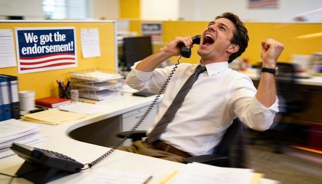 Campaign staffer celebrating on phone in cubicle after endorsement energetic workplace win
