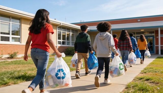 Students walking on school campus carrying clear recycling bags promoting sustainability