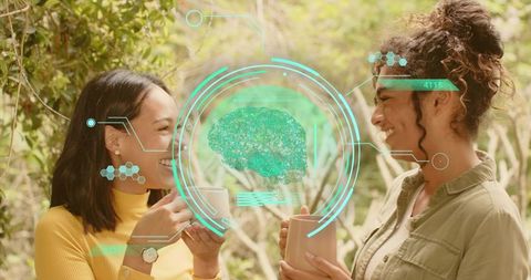 Two women sharing coffee discussing augmented reality brain HUD in garden patio scene