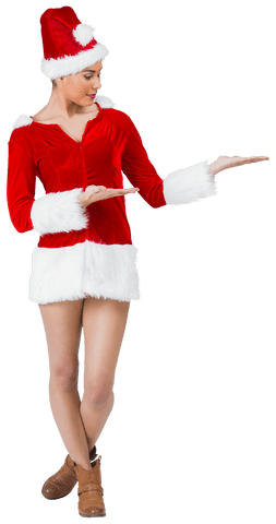 Caucasian woman in santa outfit on transparent background pointing