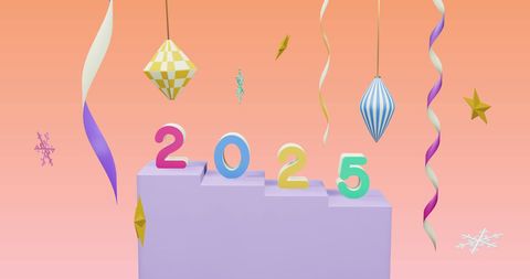 Colorful 2025 Celebration with Festive Hanging Decorations