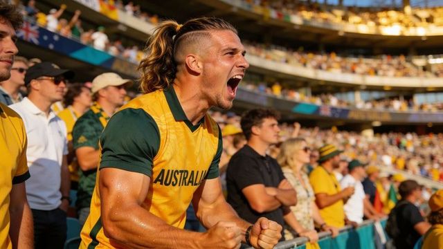 Passionate australian fan cheering in stadium, yellow jersey clenching fists