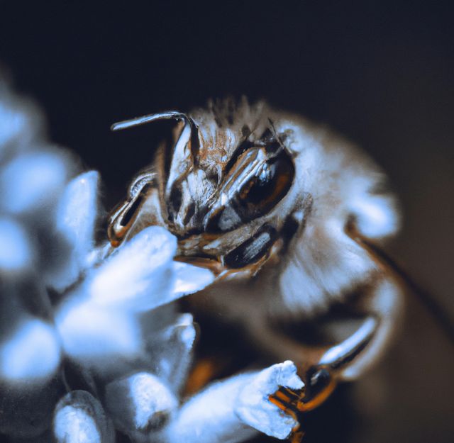 Image of macro of honeybee with detail perched on white flowers in background. Nature, bees, insects and beauty in nature concept.