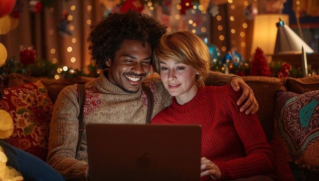 Couple Enjoying Cozy Evening with Laptop During Festive Season