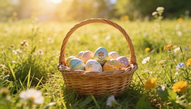 Wicker basket of hand-painted pastel easter eggs on sunlit spring meadow