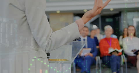 Business Presentation with Digital Data Overlay in Office Setting