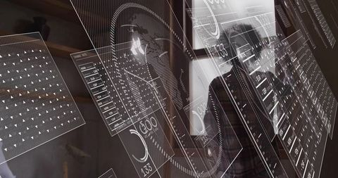 Futuristic Holographic Data Panels Floating Across Tech Lab Reflecting Woman Professional