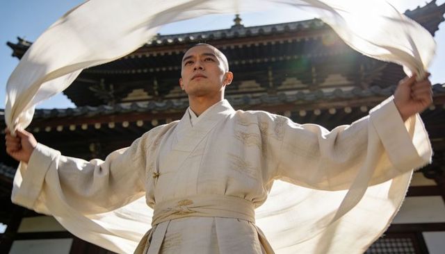 Man unfurling flowing white cloth before historic temple eaves wearing kimono and obi