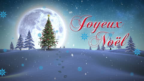 Joyeux Noël Festive Winter Scene with Full Moon and Christmas Tree