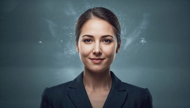 Confident businesswoman smiling with digital particle halo on cool-gray background