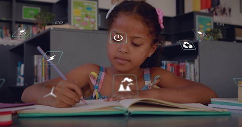 Student writing in notebook with augmented reality learning icons floating in classroom