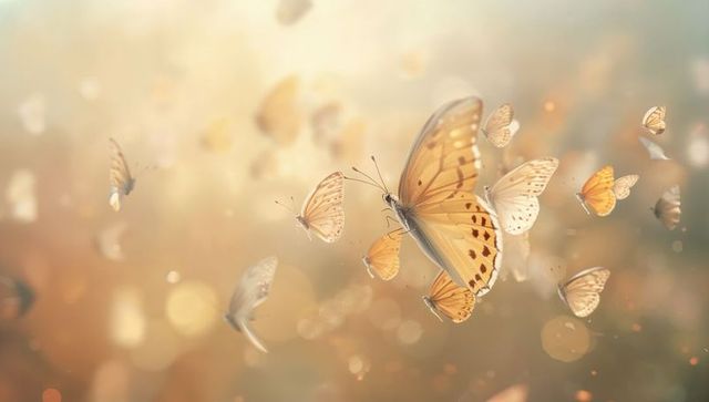 Gliding golden butterflies in dreamy sunlit bokeh, soft amber and cream tones