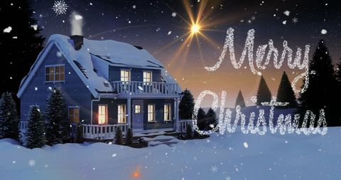 Cozy Snow-Covered House with Merry Christmas Message