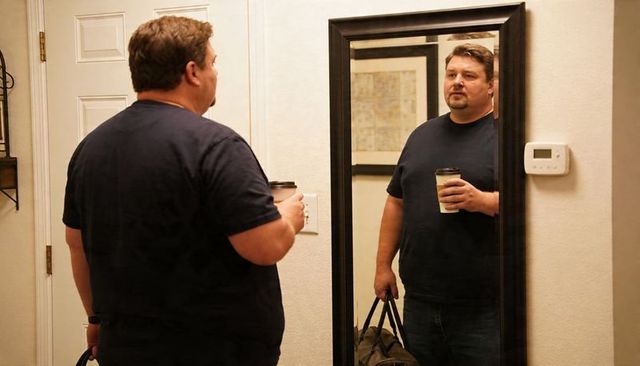Man checking mirror in entryway holding coffee cup and duffel bag, preparing to leave home