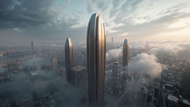 Futuristic Skyscrapers Rising Above Modern Urban Foggy Skyline