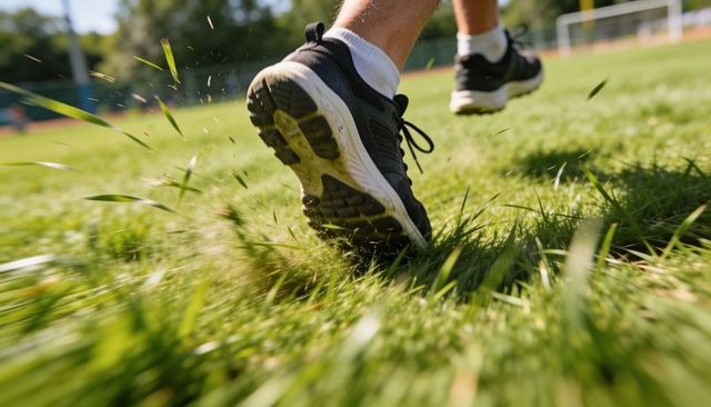 Close-up running shoe kicking up grass on sports field, dynamic motion and speed