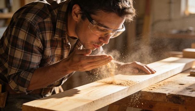 Carpenter blowing sawdust from plank while wearing safety goggles and plaid shirt at bench