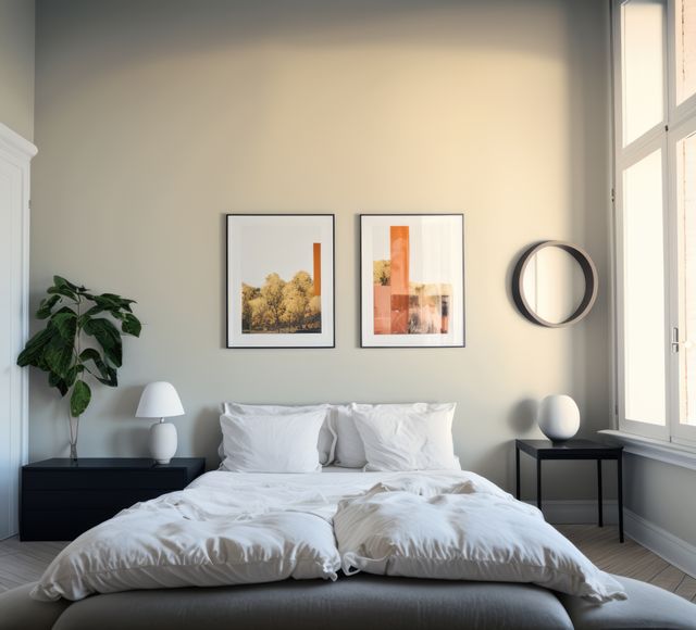 Bedroom interior with bed, paintings and plant created using generative ai technology. Interior and design concept digitally generated image.