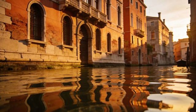 Golden sunset reflections on urban canal with arched brick facades and rippling water