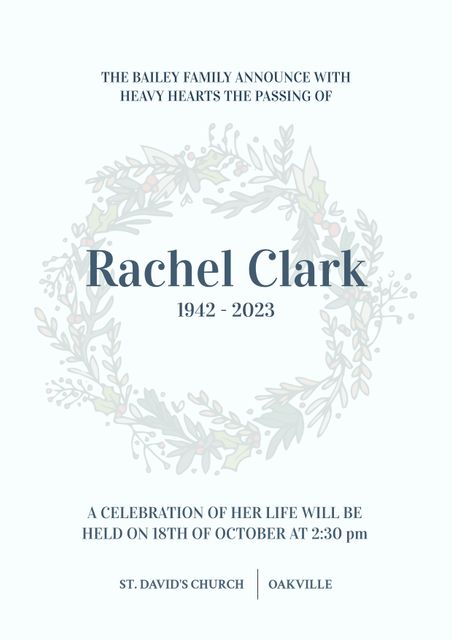 Elegant template featuring a calming wreath design, perfect for memorial invitations and honoring loved ones. Adaptable for various types of remembrance events, including funeral services and life celebrations. Ideal for printing and digital sharing to notify family and friends.