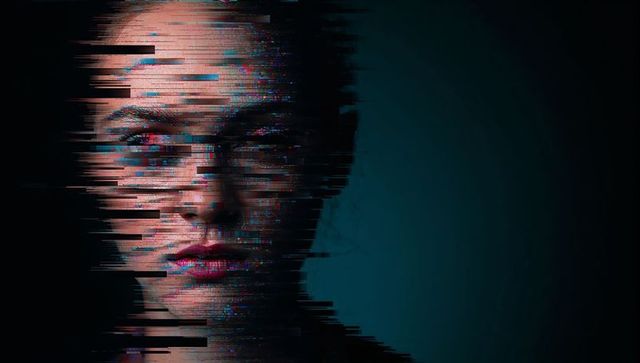 Glitching female portrait with pixel fragments and cyberpunk chromatic distortion