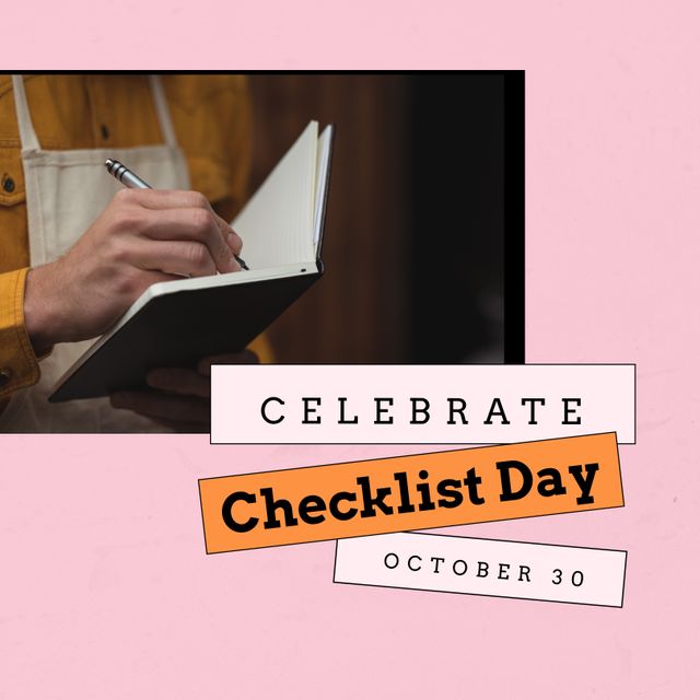 Composition of checklist day text over caucasian worker with notebook. Checklist day and celebration concept digitally generated image.