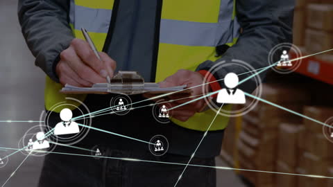 Warehouse Worker Managing Digital Connections Network