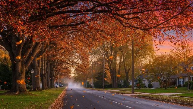 Autumn canopy over tree-lined suburban street with drifting leaves and misty sunrise glow