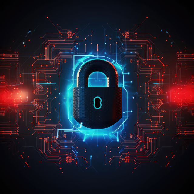 Glowing padlock with computer circuit board, created using generative ai technology. Online internet cyber security, computing and data processing concept digitally generated image.