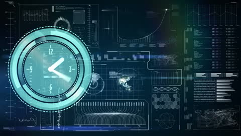 Digital Clock Over Futuristic Data Visualization Interface