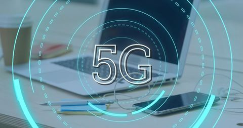 5G Technology Concept Overlay with Office Workspace - Download Free Stock Images Pikwizard.com