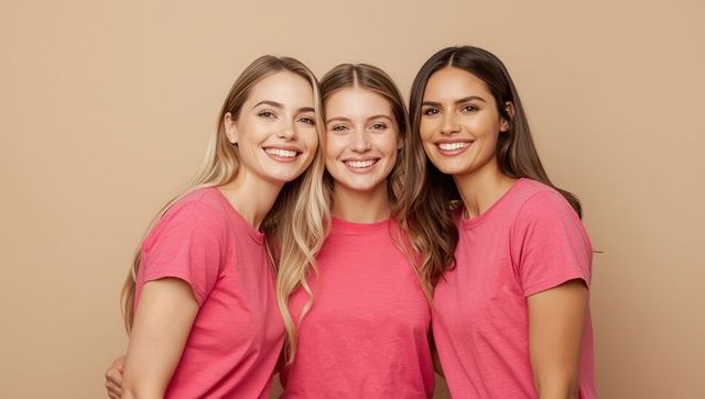 Three friends smiling in matching pink t-shirts embrace