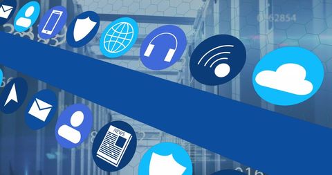 Digital Media Icons Overlaying on Modern Server Room - Download Free Stock Images Pikwizard.com