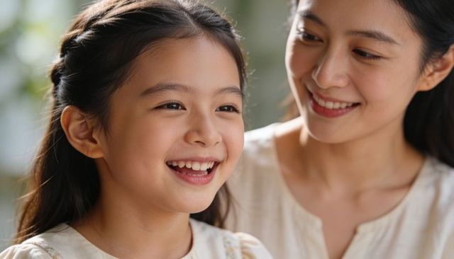 Smiling daughter sharing warm moment with mother in cozy home portrait