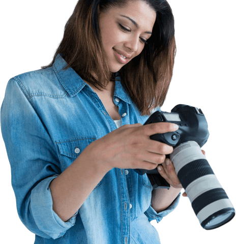 Transparent Female Photographer Holding Professional Camera Smiling - Download Free Stock Videos Pikwizard.com