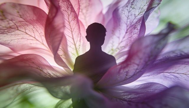 Silhouette Standing Inside Giant Pastel Flower Petals Backlit Veins Ethereal Composite