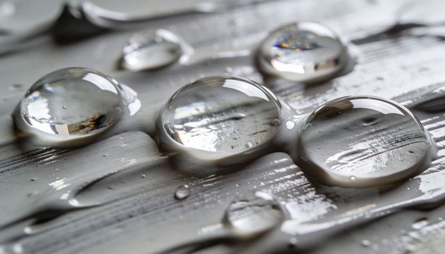 Beading water droplets on painted wood slats showing sharp specular highlights and texture