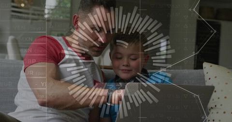 Father guiding son on laptop with digital hud overlay, learning together at home