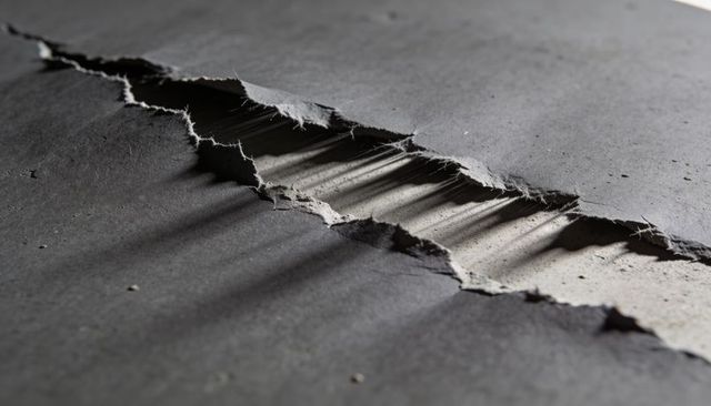 Revealing torn gray paper with fibrous underlayer and dramatic linear shadows, close-up