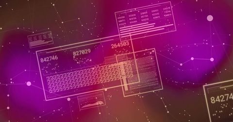 Neon Futuristic UI Dashboard Featuring Translucent Keyboard Map, Data Readouts, Network Graph