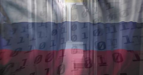 Projecting russian flag and binary code over server racks representing cybersecurity threat