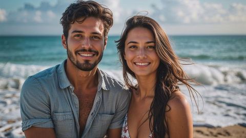 Happy lovers embracing beachside romance