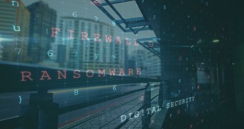 Digital security concepts overlaying urban cityscape