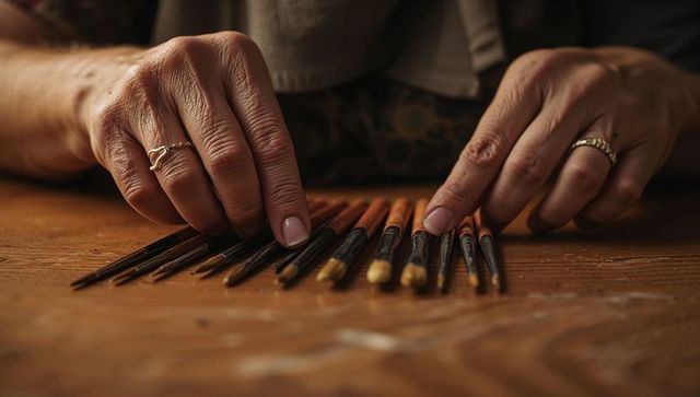 Artist arranging paintbrushes on worn wooden worktable, hands with rings and apron