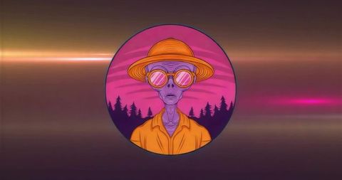 Vibrant alien portrait in straw hat with pine silhouette