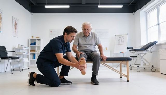 Physiotherapist examining elderly man's foot during outpatient rehabilitation session