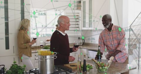 Seniors Cooking with Digital Data Overlay in Home Kitchen