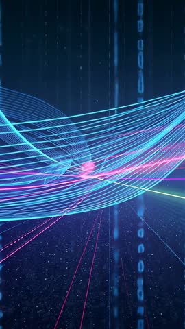Vertical Neon Data Ribbon Flowing Undulating Wave Loop Futuristic Digital Background