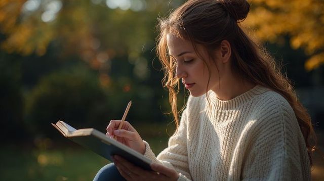 Sunlit autumn woman journaling outdoors in cream knit sweater, writing in notebook